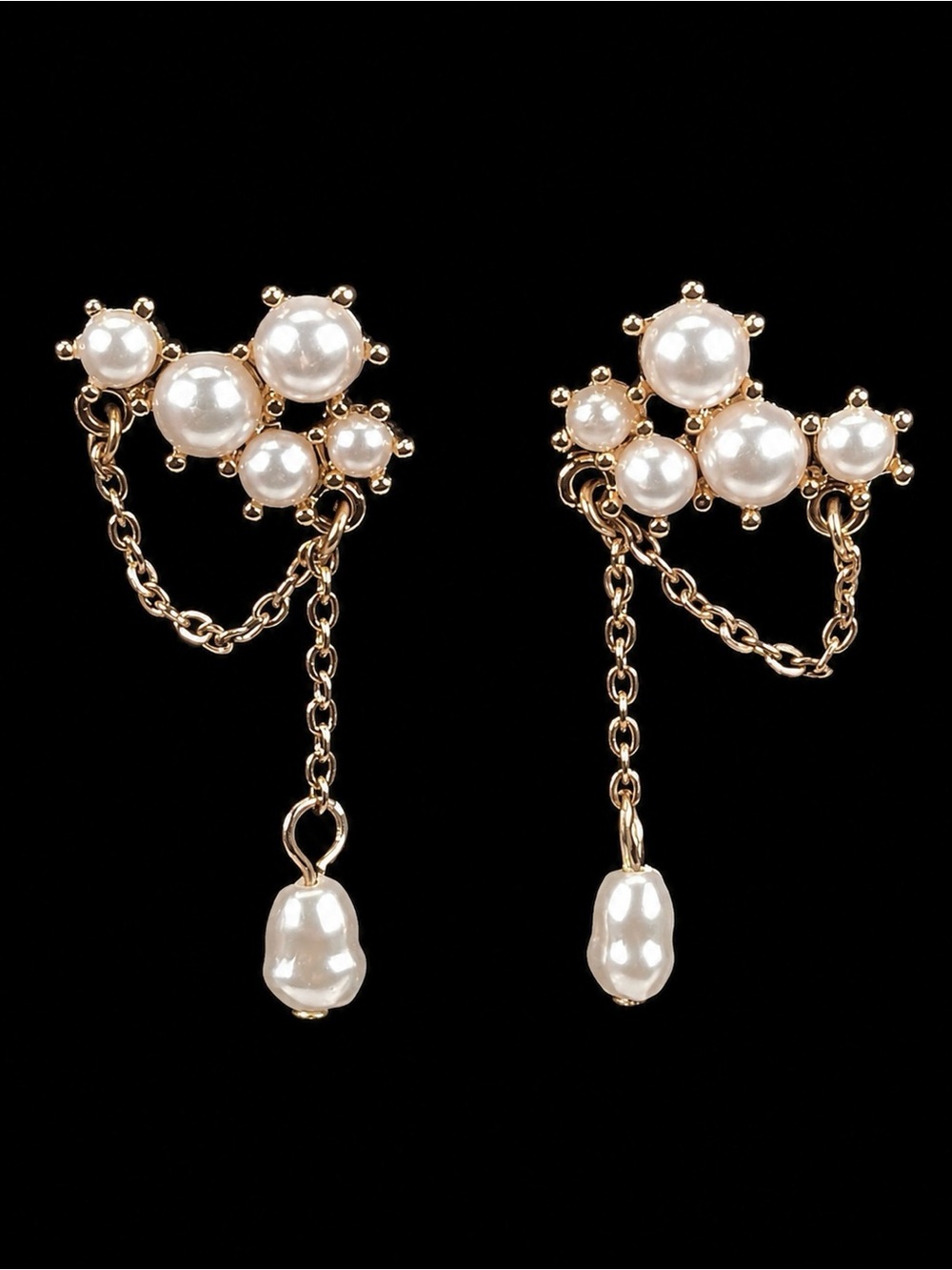Vintage Gold Tone Faux Pearl Cluster Chain Drop Statement Earrings